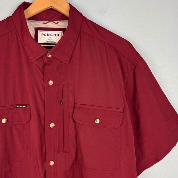 Poncho Men's 2XL Maroon Red Short Sleeve Slim Fit Fishing Shirt Magnetic Pockets